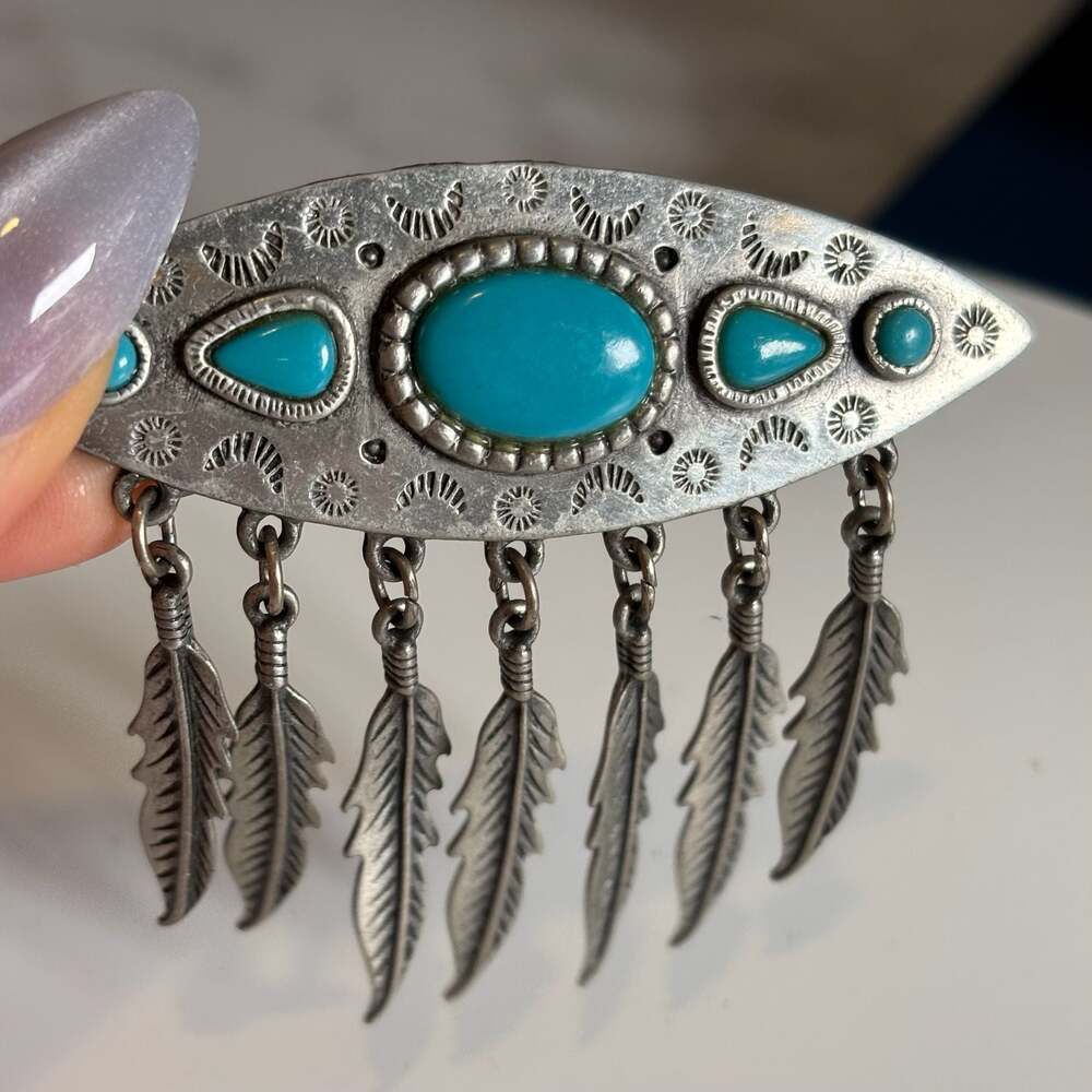 JJ Jonette Jewelry Southwestern Style Turquoise Feather Dangle Brooch Pewter Pin - Picture 11 of 11